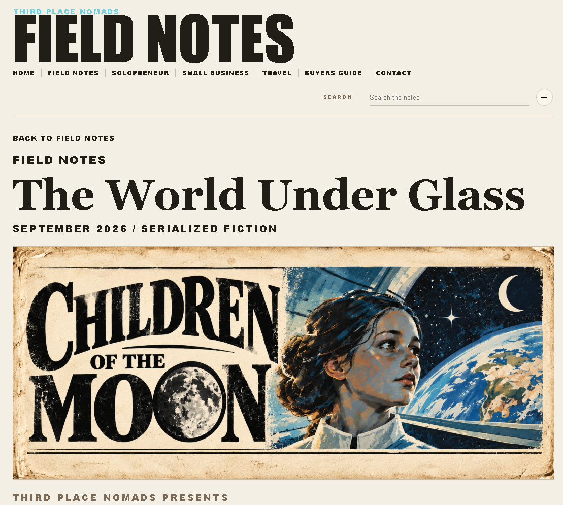 Third Place Nomads field notes page showing the finished Children of the Moon publishing output from the managed workflow.