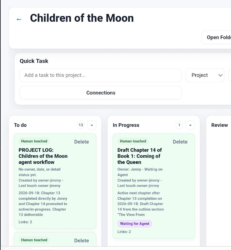 Children of the Moon project board showing agent workflow tasks and chapter drafting status.