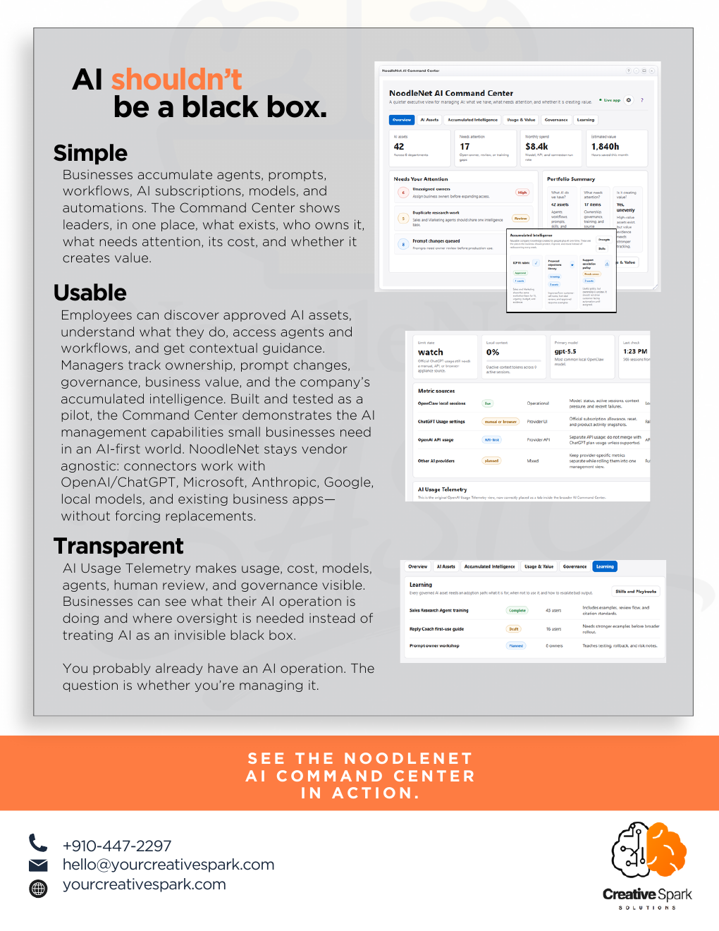 The NoodleNet AI Command Center brief shows how AI assets can be made simple, usable, and transparent.