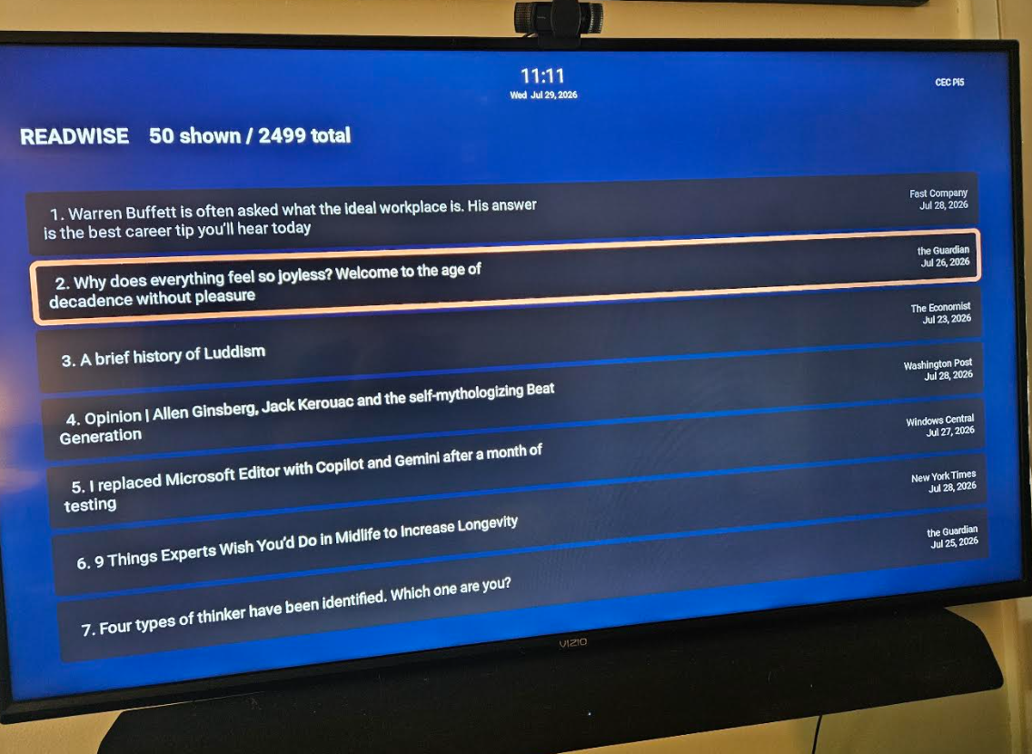 NoodleTV Readwise list view showing saved articles on a television
