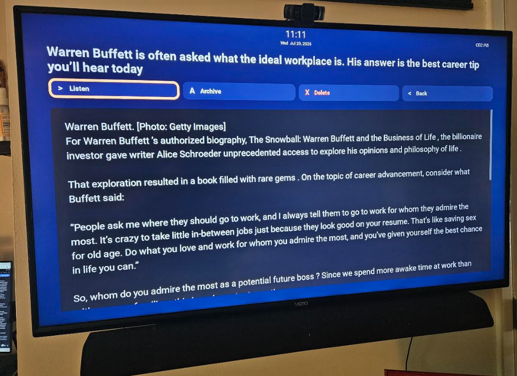 NoodleTV Readwise article detail view with listen, archive, delete, and back controls