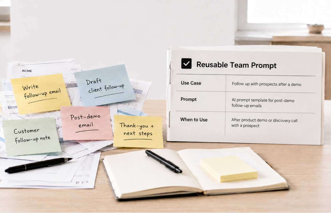 Sticky notes with duplicate follow-up prompt ideas beside a clearly organized reusable team prompt binder