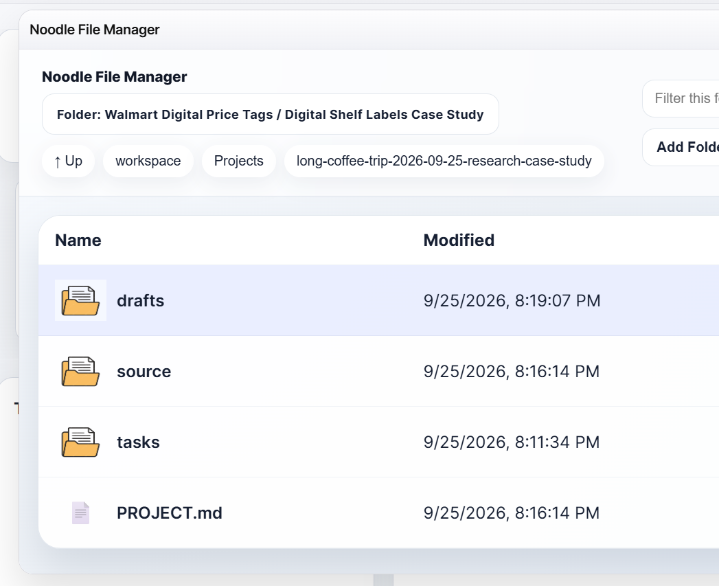 Noodle File Manager view of the project folder and staged publishing packet.